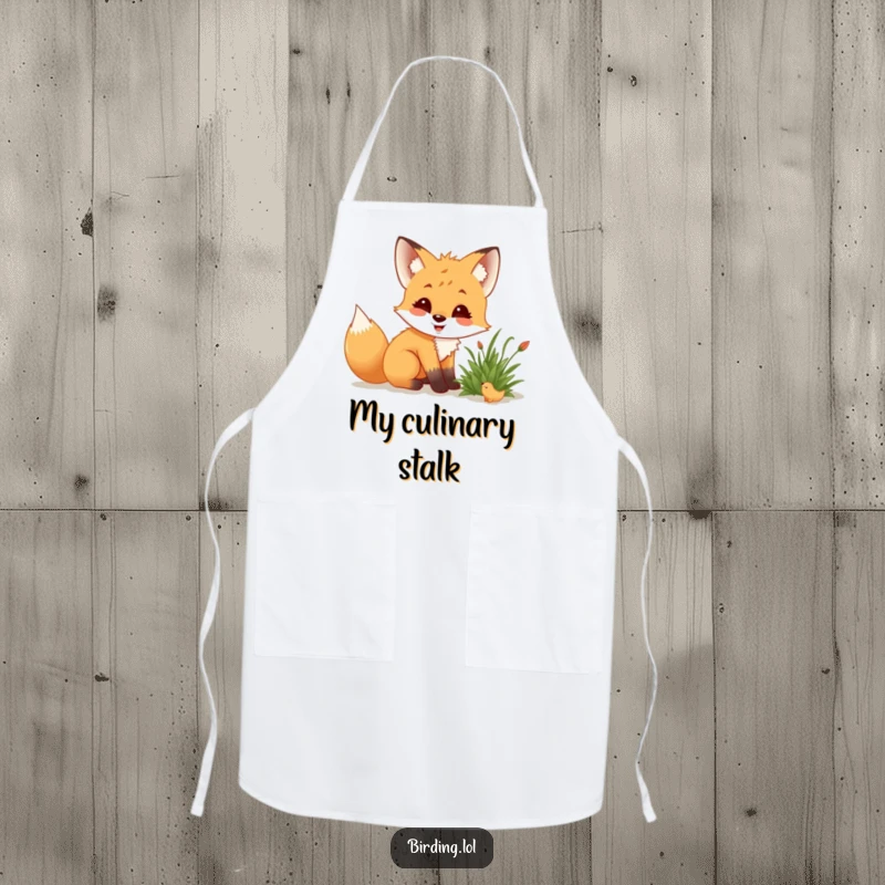 Funny fox cub wearing an apron, crouching low, delighted while observing a creature in a bush.
