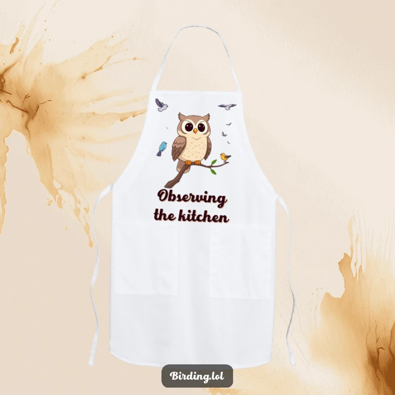 Funny owl apron featuring a wise owl observing birds, ideal for chefs and home cooks who appreciate humor in the kitchen.