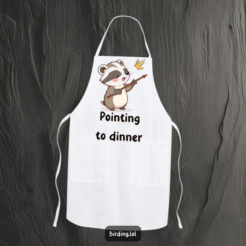 Funny badger apron with a badger pointing at a bird, ideal for chefs and home cooks who appreciate nature and humor.