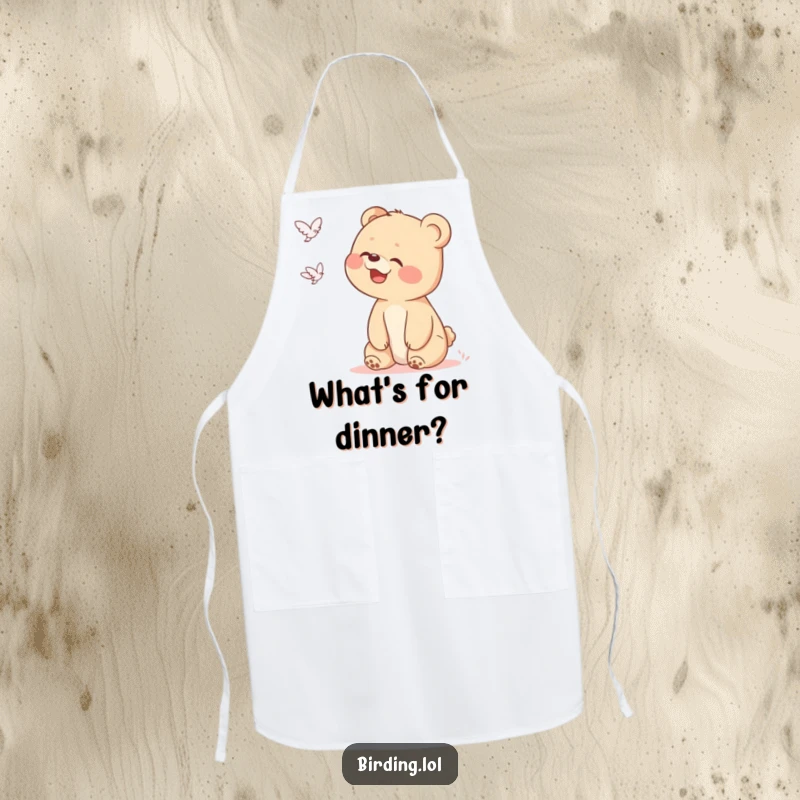 Funny bear cub apron depicting a giggling cub looking up at a flying object, perfect for adding a humorous and curious touch to cooking.