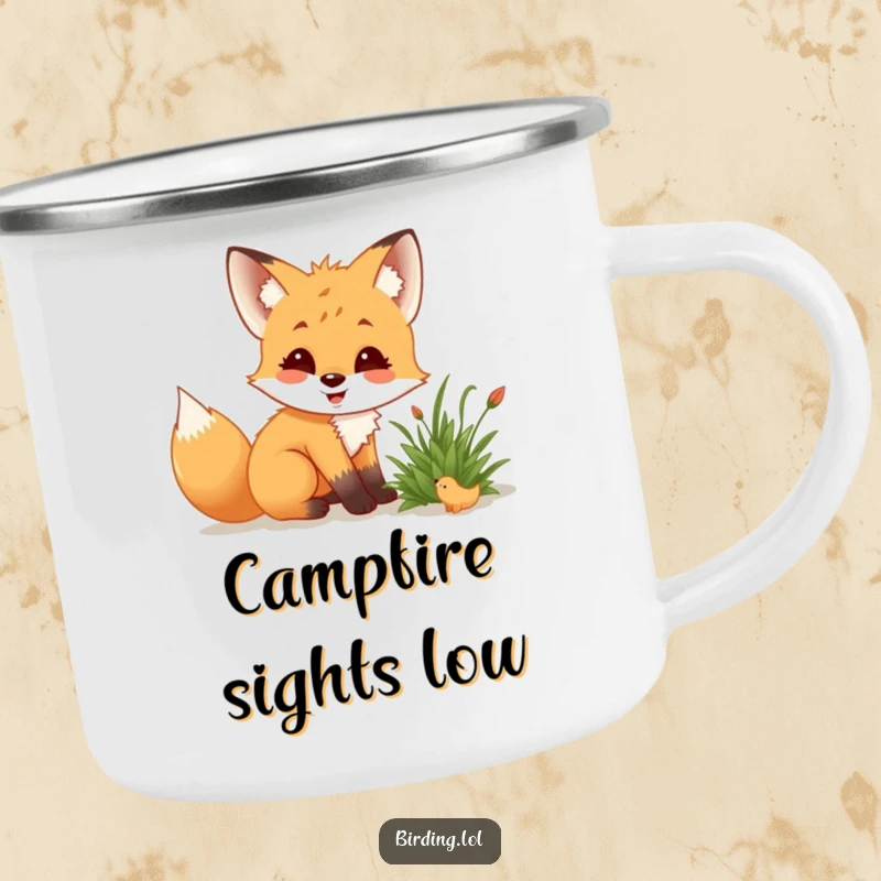 Funny fox cub with a camping mug, crouching low, delighted while observing a creature in a bush.