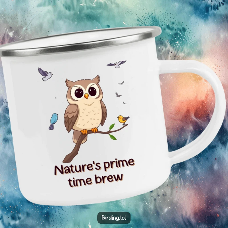 Funny owl camping mug featuring a wise owl observing birds, durable and portable for outdoor adventures, a great funny gift.