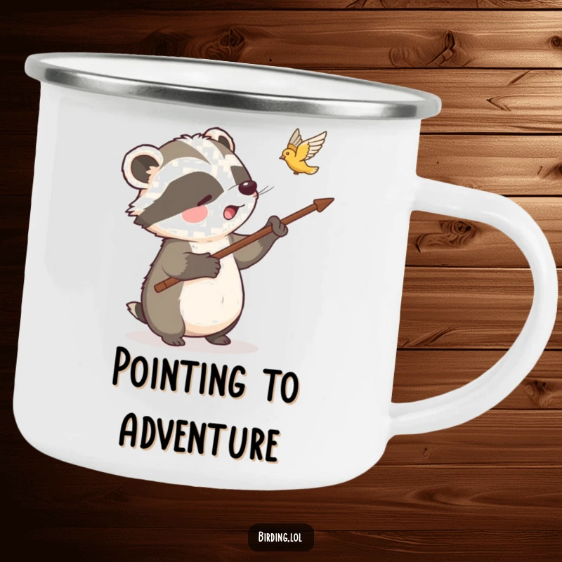 Funny badger camping mug featuring a badger pointing at a bird, durable and portable for outdoor adventures, a great funny gift.