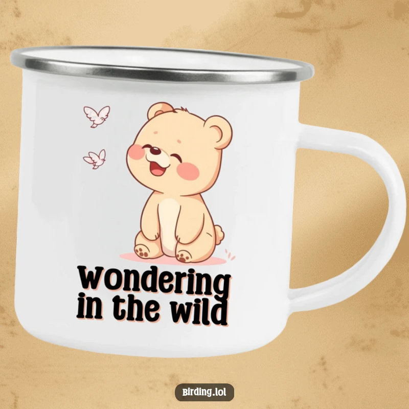 Funny bear cub camping mug showing a giggling cub looking up at a distant flying object, perfect for rugged adventures and clear night skies.