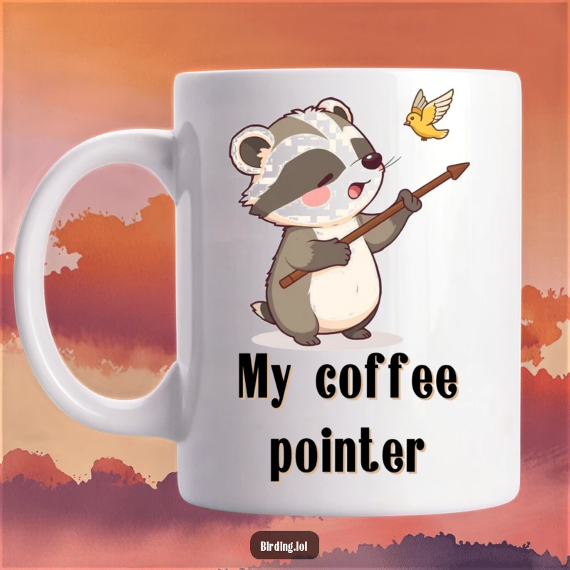 Funny badger mug featuring a delighted badger using a long stick to humorously point out a bird in flight, showcasing curiosity.