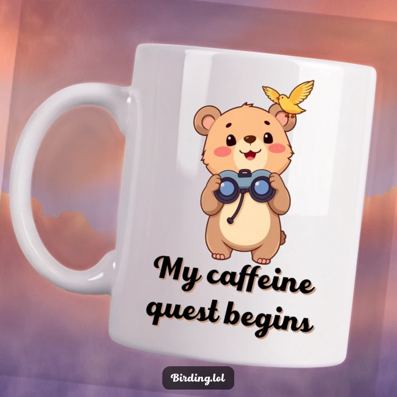 Funny bear cub with binoculars excitedly looks up at a bird in the sky, capturing a moment of pure wonder and joy.