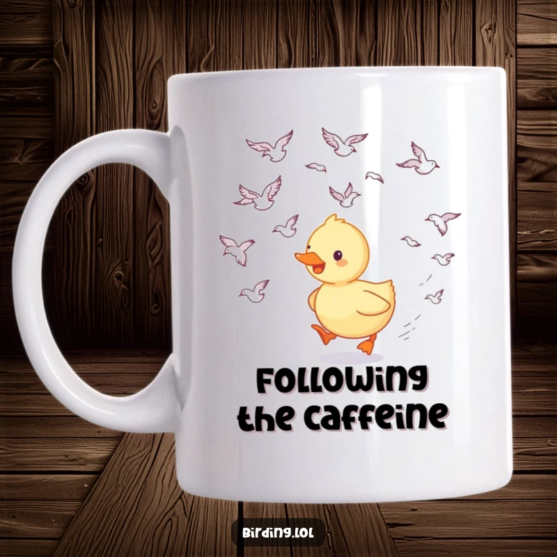 Funny duckling mug showing a cheerful duckling joyfully following a flock of swooping birds, symbolizing aspiration and fun.