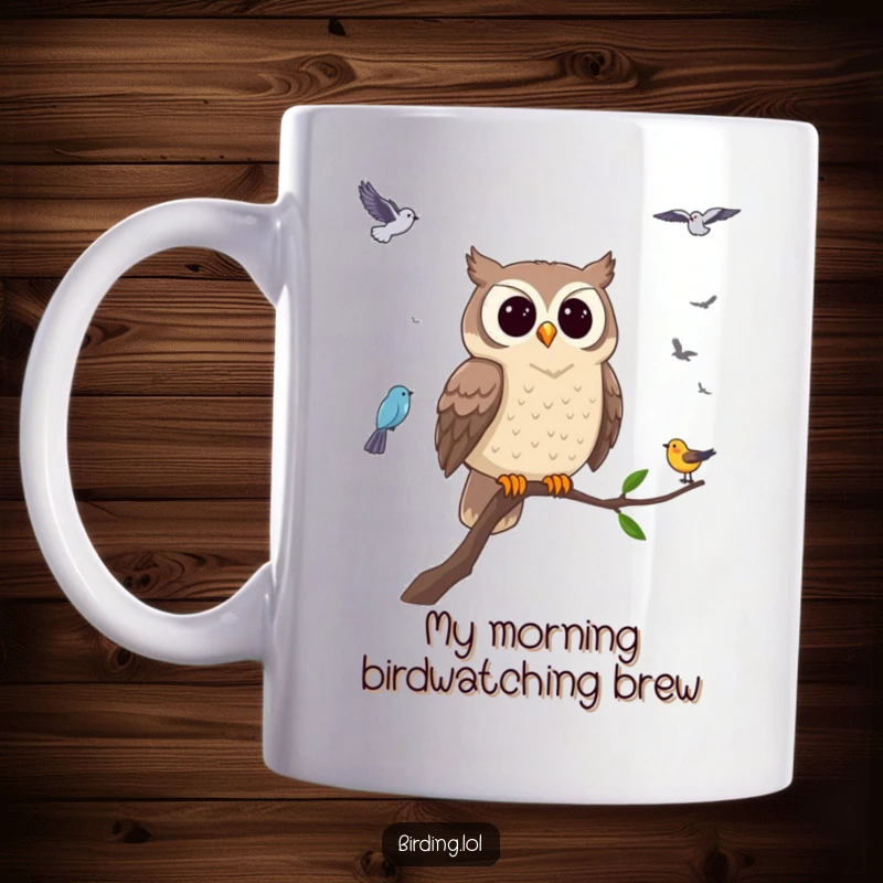 Funny owl mug featuring a wise owl perched on a branch, keenly watching smaller birds fly by with a humorous expression.