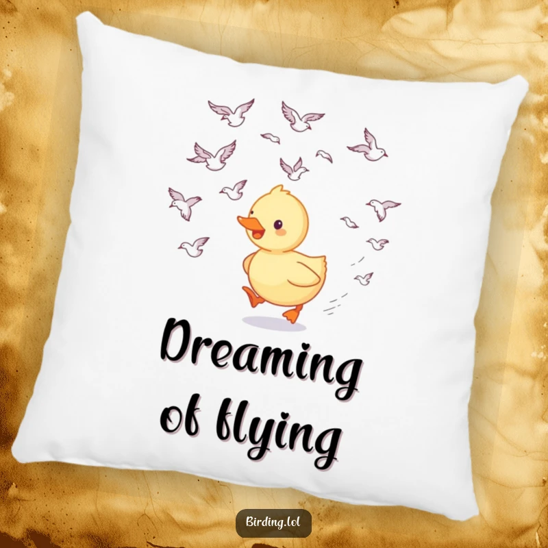 Funny duckling pillow featuring a happy duckling following swooping birds, providing comfort and a touch of adorable, humorous charm.
