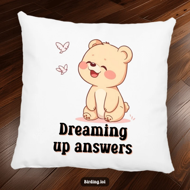 Funny bear cub pillow showing a happy cub looking up and giggling at a distant flying object, perfect for whimsical comfort.