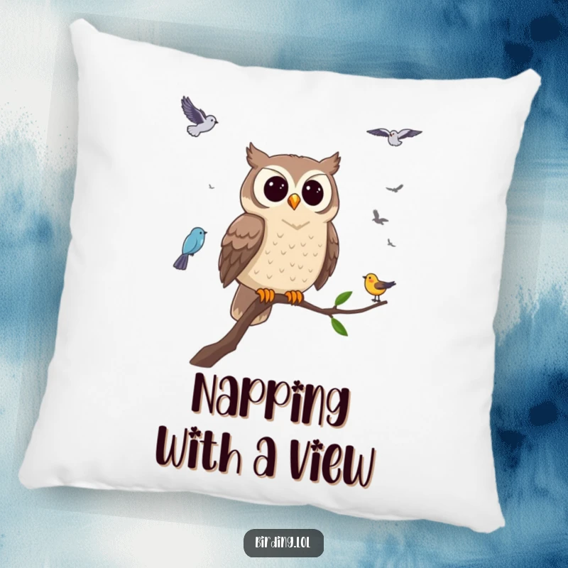 Funny owl pillow depicting a wise owl observing birds, offering comfort and a touch of humor to any seating area or bed.