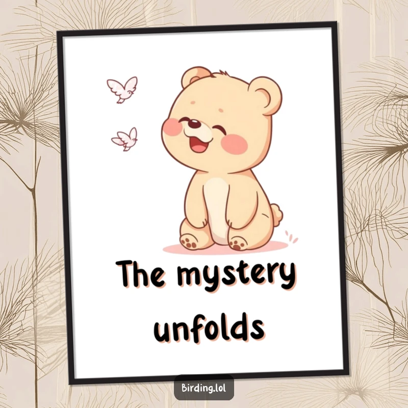Funny bear cub digital art print showing a giggling cub looking up at a distant flying object, perfect for whimsical and humorous wall decor.