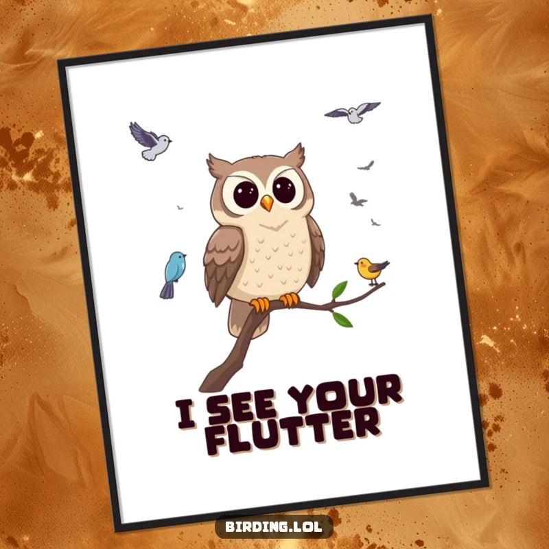 Funny owl digital art print showing a wise owl observing birds, ideal for instant download, humorous wall decor, and a funny gift.