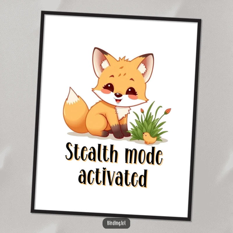 Funny fox cub crouching low, delighted, observing a creature in a bush, instant digital art print.