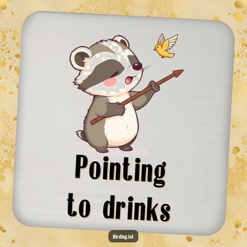 Funny badger coaster with a badger pointing at a bird, protecting surfaces with woodland humor, a great funny gift.