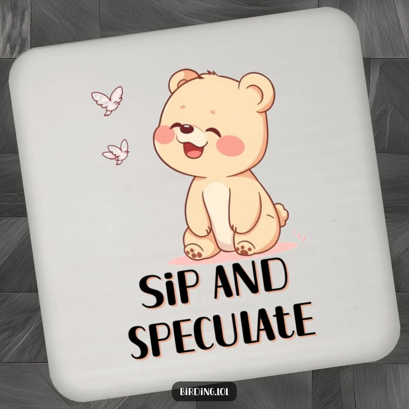 Funny bear cub coaster illustrating a giggling cub looking up at a mysterious flying object, perfect for adding a humorous touch to surface protection.