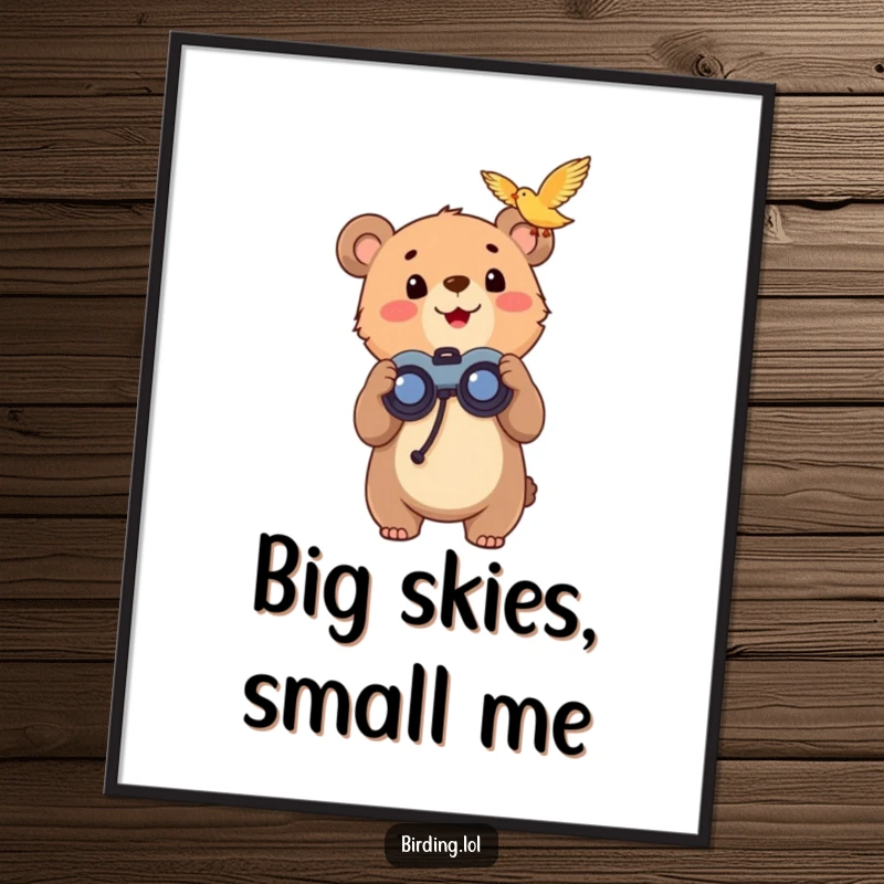Funny bear cub holding binoculars, excitedly observing a flying bird, creating a heartwarming wildlife art poster.