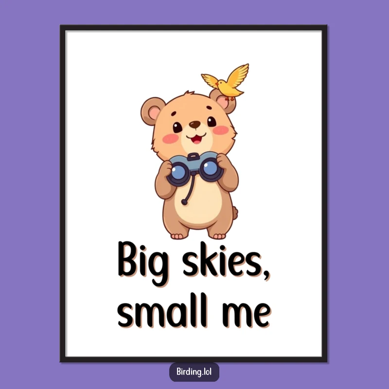Funny Bear Cub Bird Watching Poster: Exciting Wildlife Art for Your Wall