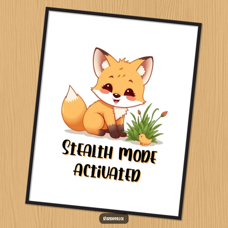 Funny fox cub crouching low, delighted, observing a small creature in a bush, creating nature art.