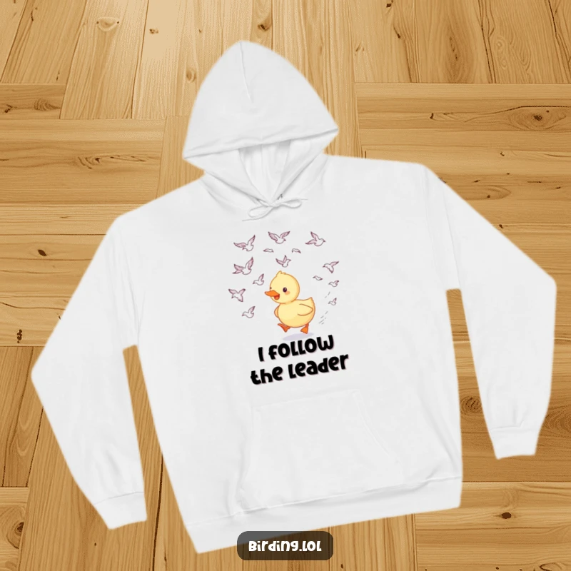Funny duckling hoodie with a happy duckling trailing swooping birds, offering cozy comfort and a cheerful, motivational vibe.