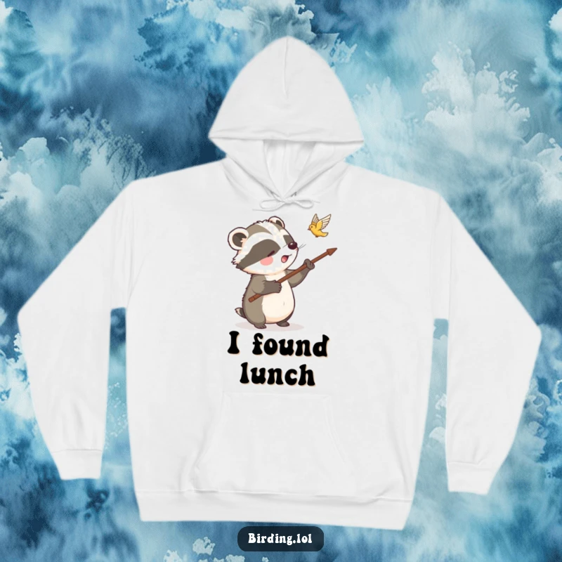 Funny badger hoodie featuring a delighted badger pointing out a flying bird with a stick, perfect for cozy adventures and humor.