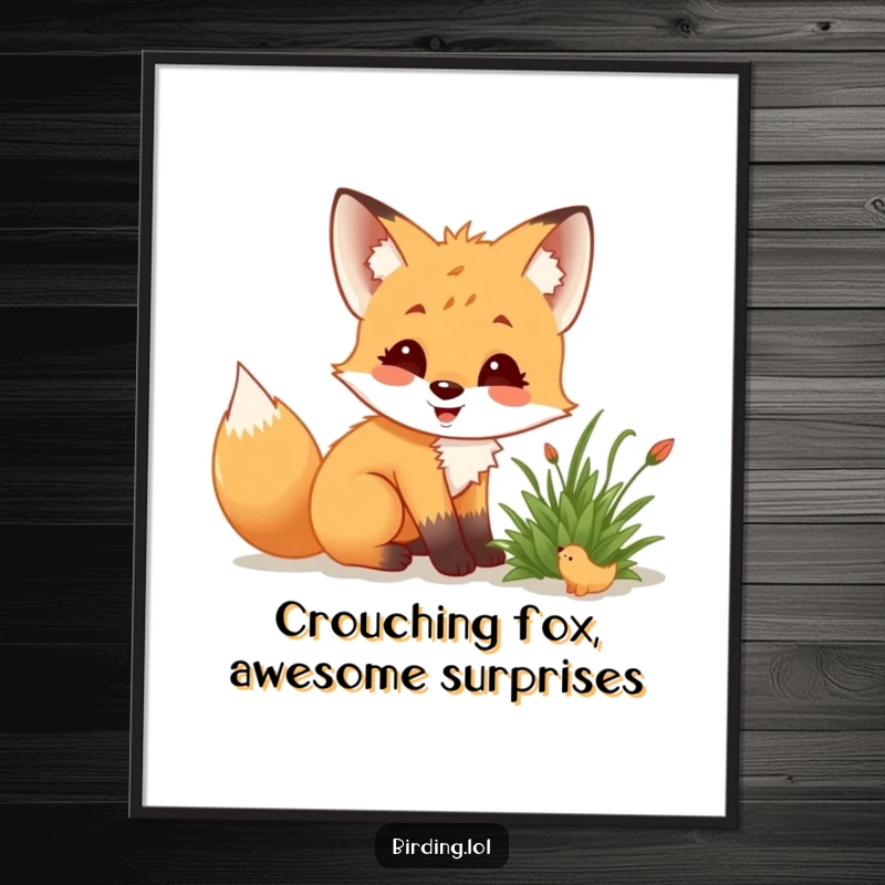 Funny Free Printable Wall Art: A delighted fox cub crouching low, intently observing a small creature hiding in a bush.