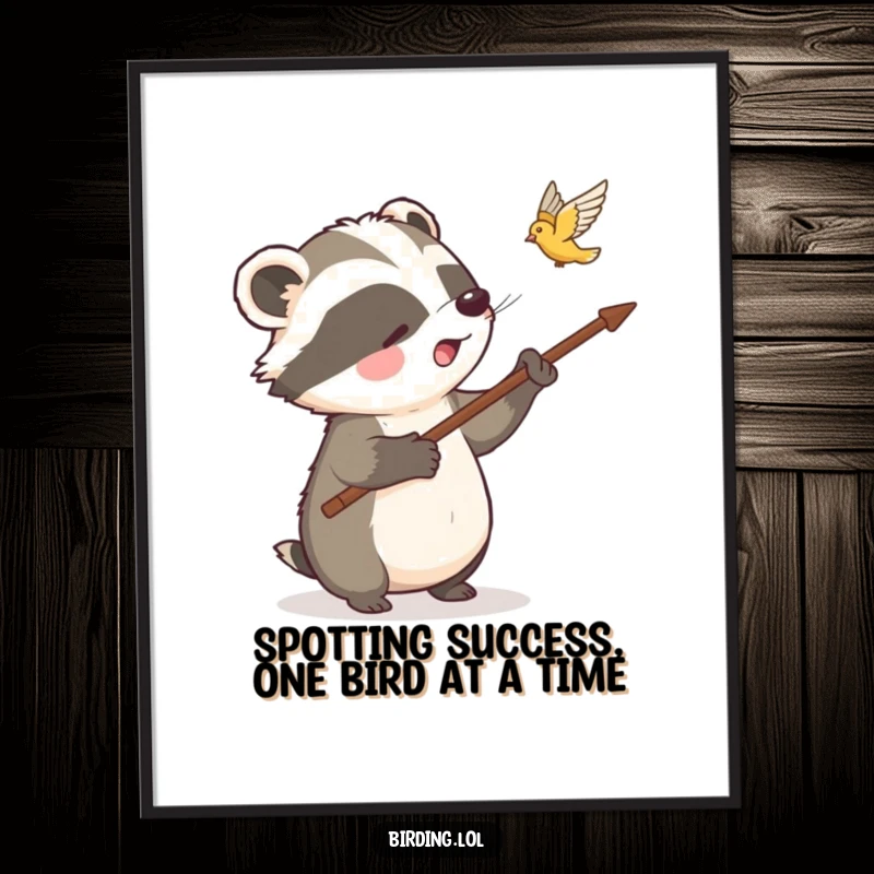 Funny free printable wall art of a delighted badger using a long stick to point at a bird in flight, a humorous downloadable piece.