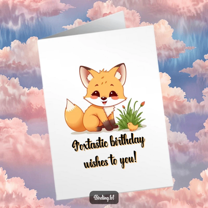 Funny Free Printable Birthday Card: Delighted fox cub crouching low, intently observing a small creature in a bush.