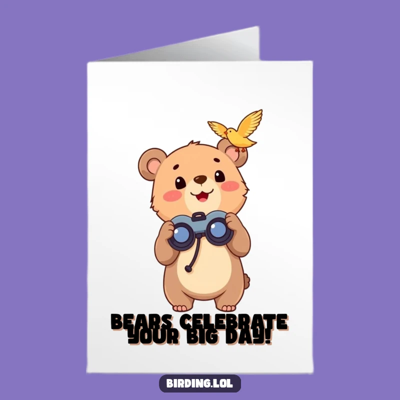 Free Printable Bear Birthday Card: Funny Cub Binoculars Excitement Downloadable