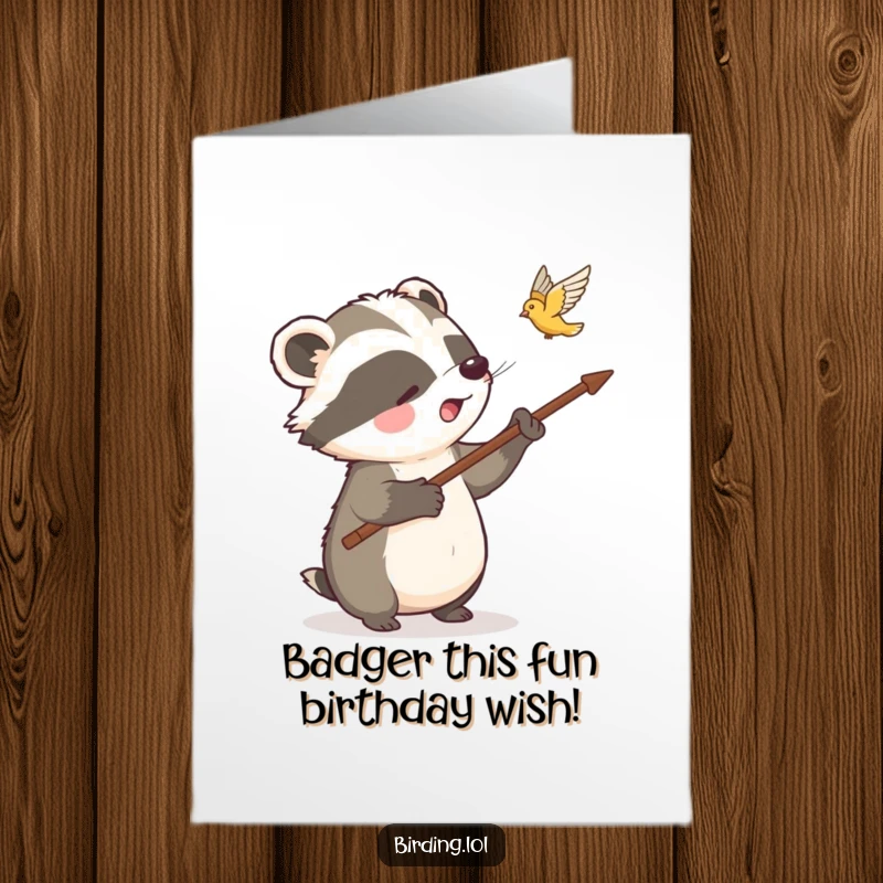Funny free printable birthday card showing a delighted badger pointing with a stick at a bird in flight, a humorous and celebratory design.