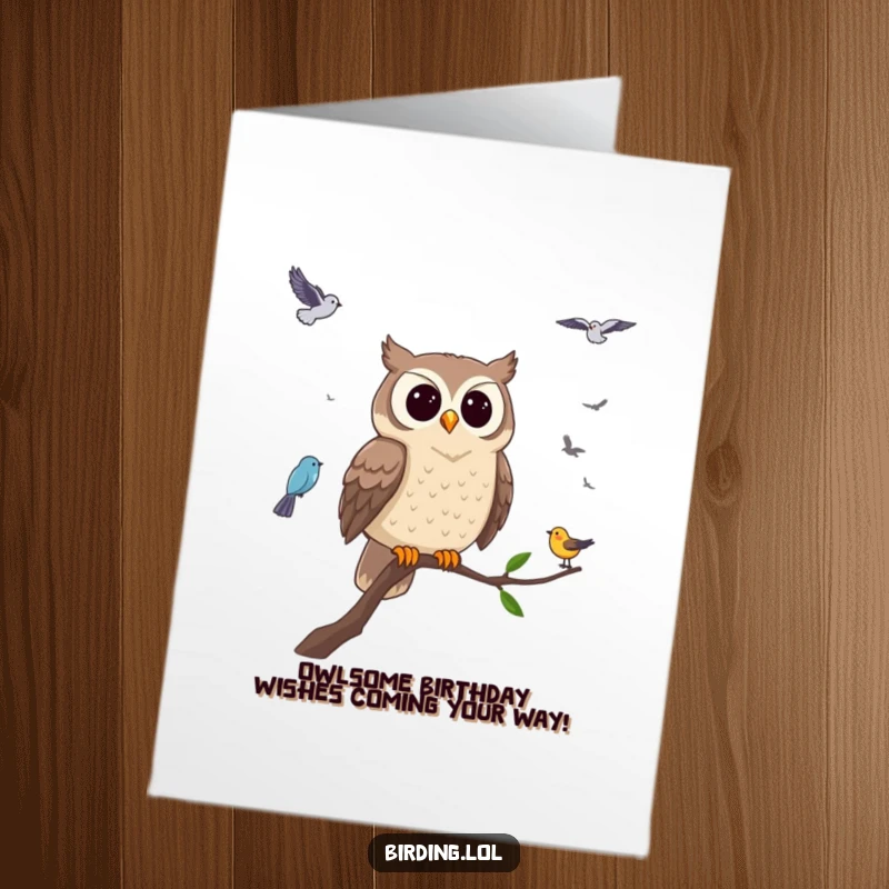 Funny free printable birthday card featuring a wise owl perched on a branch, keenly observing smaller birds in flight, perfect for a thoughtful gift.
