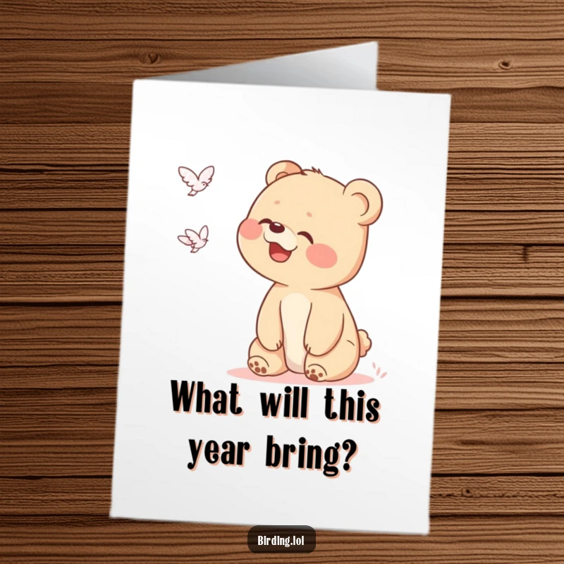 Funny Free Printable Birthday Card: A giggling bear cub looks up, trying to identify a mysterious flying shape birthday surprise.