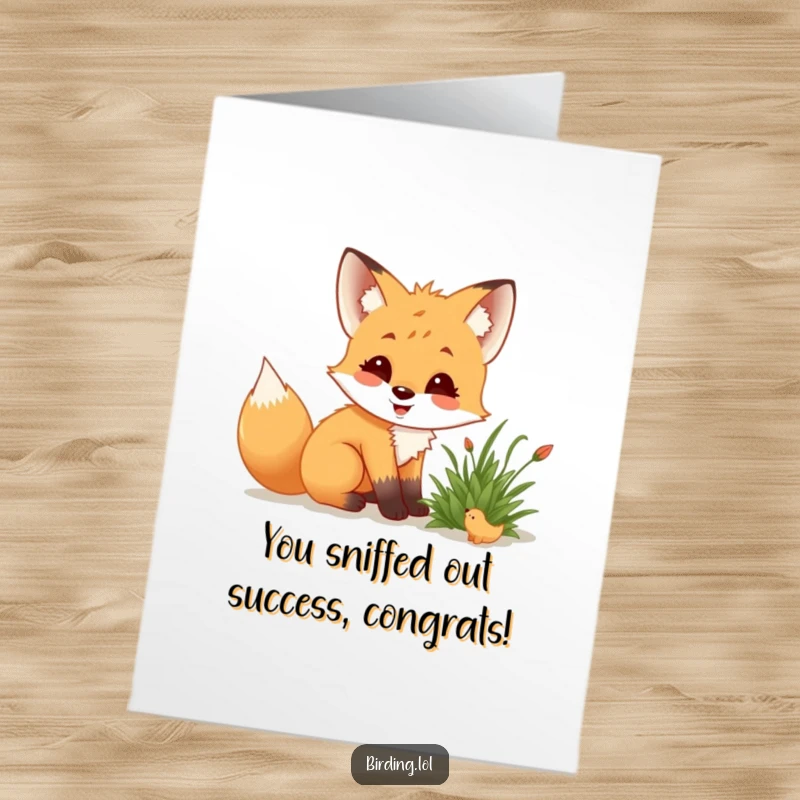 Funny Free Printable Congratulations Card: A fox cub secretly observes a small creature hidden within a bush.