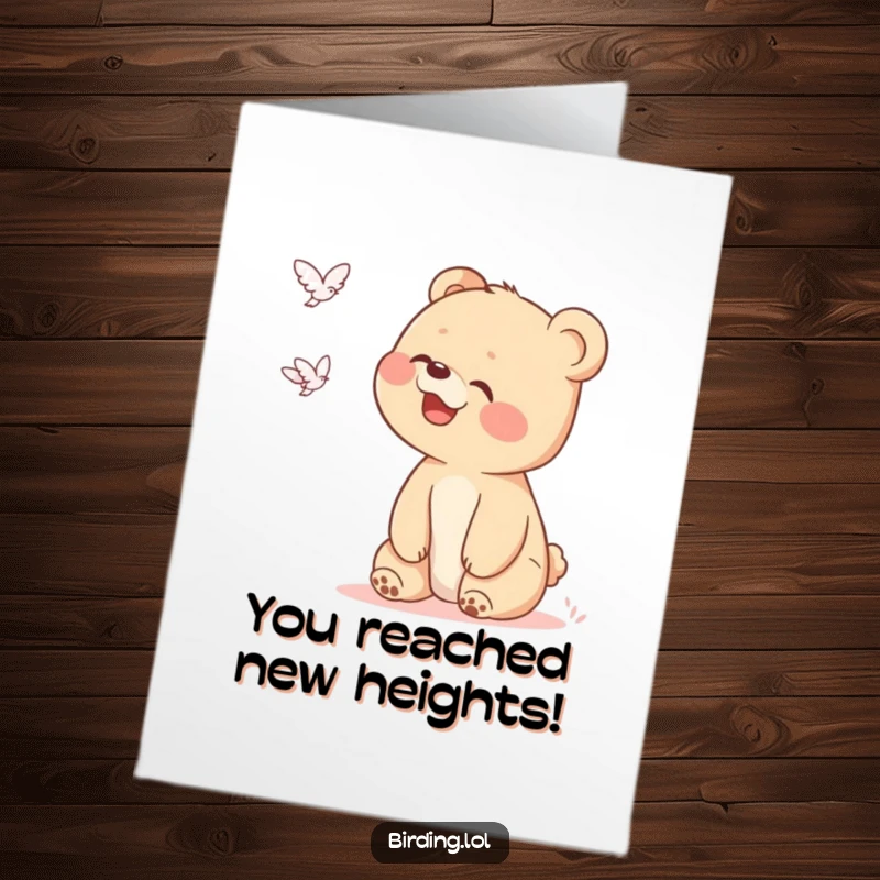 Funny Free Printable Congrats Card: A giggling bear cub points excitedly at a distant flying shape, celebrating your success.