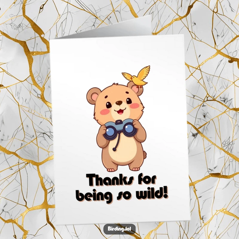 Funny Free Printable Thank You Card: A happy bear cub with binoculars looking up with great excitement.
