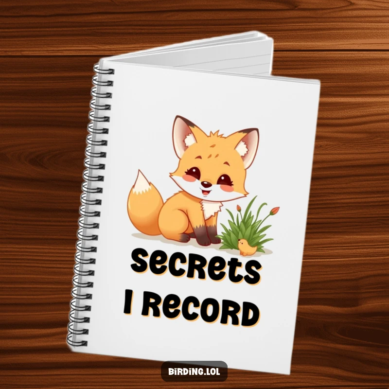 Funny fox cub with a notebook, crouching low, delighted while observing a creature in a bush.