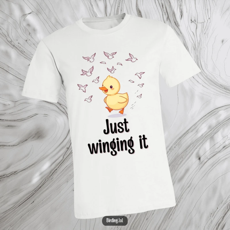 Funny duckling t-shirt featuring a happy duckling enthusiastically trailing a flock of swooping birds, highlighting joy and pursuit.