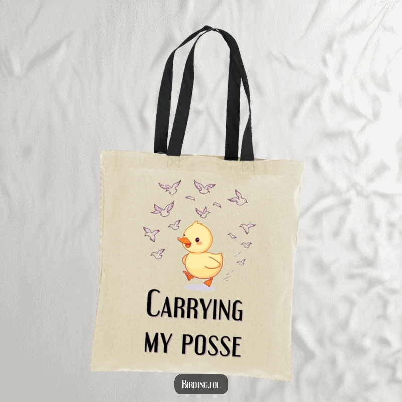 Funny duckling tote bag featuring a happy duckling following swooping birds, a stylish and humorous accessory for everyday use.