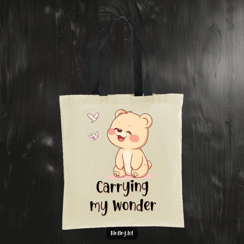 Funny bear cub tote bag featuring a giggling cub looking up at a mysterious flying object, perfect for carrying necessities with a whimsical touch.