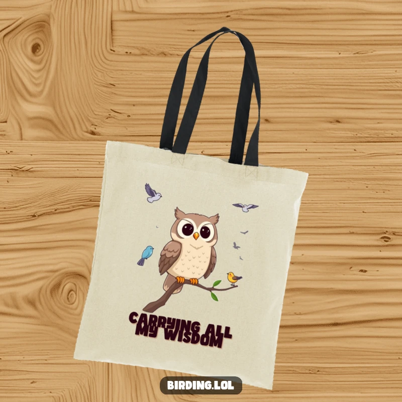 Funny owl tote bag with a wise owl observing birds, a stylish and humorous accessory for daily use and a great funny gift.